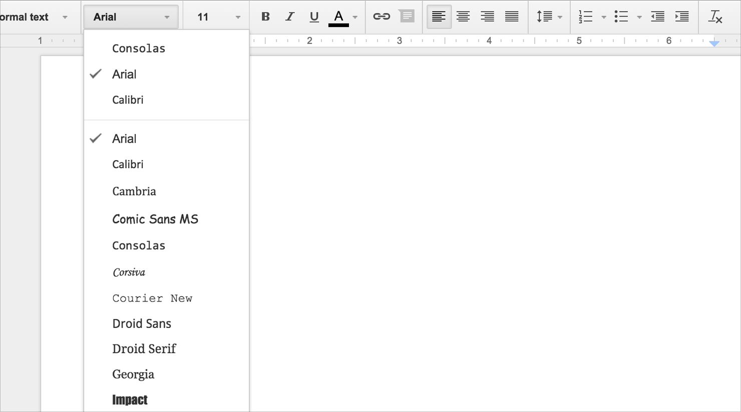 Google Docs font menu